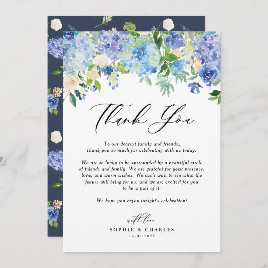 Watercolor Blue Hydrangea Garland Floral Wedding Dankeskarte (Vorne/Hinten)