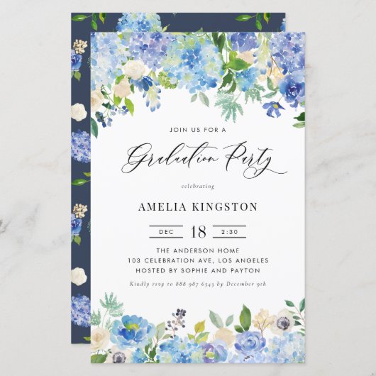 Watercolor Blue Hydrangea Graduation Party - Einla (Vorne/Hinten)