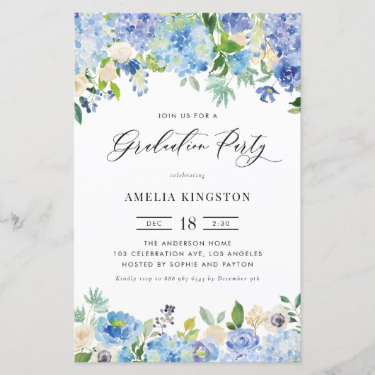 Watercolor Blue Hydrangea Graduation Party - Einla (Vorderseite)