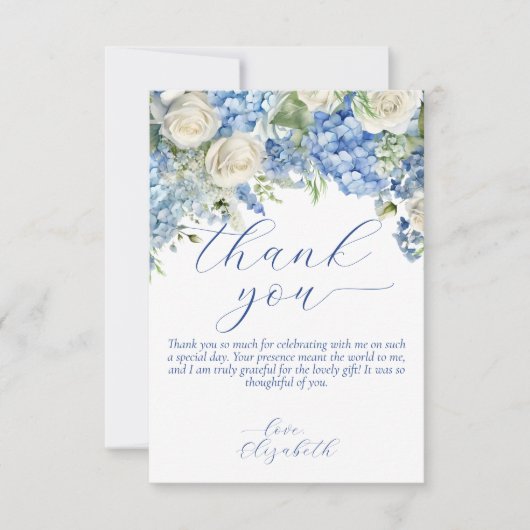 Watercolor Blue Hydrangea Script Danke Karte (Vorderseite)