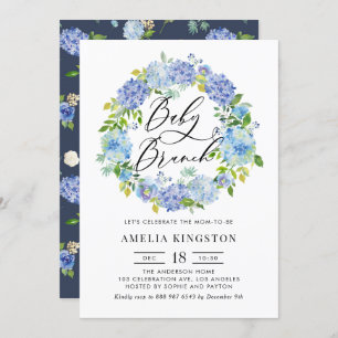 Watercolor Blue Hydrangea Wreath Baby Brunch Einladung