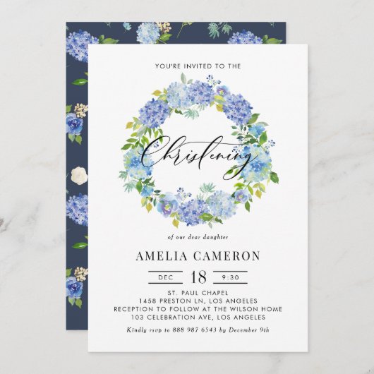Watercolor Blue Hydrangea Wreath Christening Einladung (Vorne/Hinten)