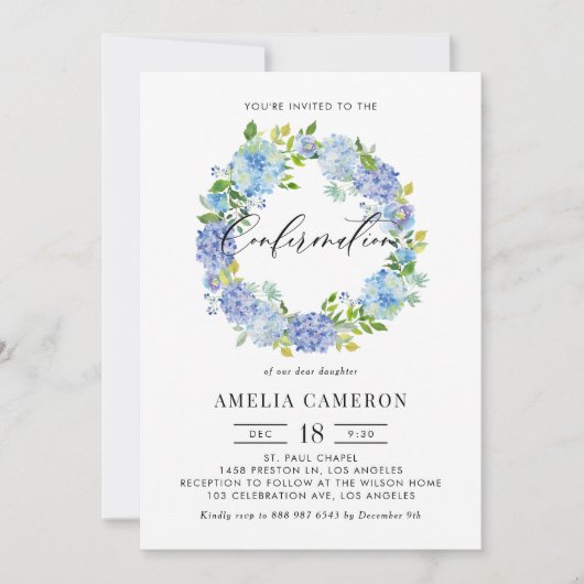 Watercolor Blue Hydrangea Wreath Confirmation Einladung (Vorderseite)