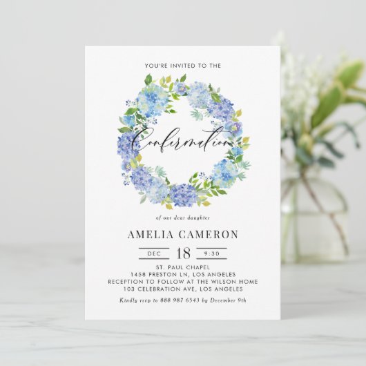 Watercolor Blue Hydrangea Wreath Confirmation Einladung (Stehend Vorderseite)