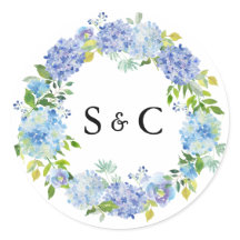 Watercolor Blue Hydrangea Wreath Wedding Monogram