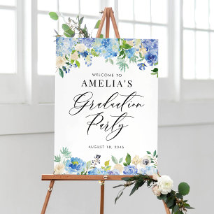 Watercolor Blue Hydrangeas Graduation Welcome Sign Poster
