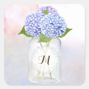 Watercolor Blue Hydrangeas und Mason Jar Wedding Quadratischer Aufkleber