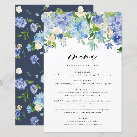 Watercolor Blue Hydrangeas Wedding Menu Card (Vorne/Hinten)