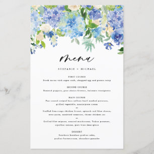 Watercolor Blue Hydrangeas Wedding Menu Card
