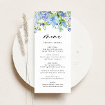 Watercolor Blue Hydrangeas Winter Floral Wedding Menükarte<br><div class="desc">Mit dieser individuell gestaltbaren Blumenkarte fügen Sie Ihrem Event-Tischdeck einen eleganten Blumenakzent hinzu. Es verfügt über eine blühende Blumengarage mit blauen und lila Hydrangeas, Elfenbein-Rose und Grün. Personalisieren Sie diese Blumenkarte in Aquarellfarbe, indem Sie Ihre eigenen Details hinzufügen. Diese Karte aus Hydrangea ist ideal für Hochzeiten im Frühjahr und im...</div>