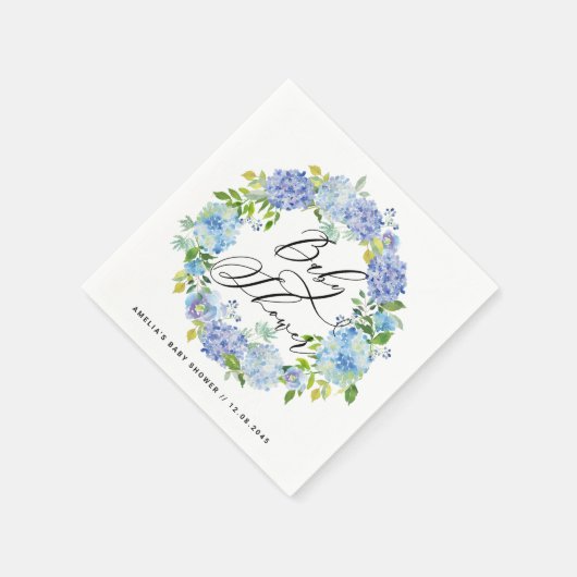 Watercolor Blue Hydrangeas Wreath Baby Dusche Serviette (Ecke)