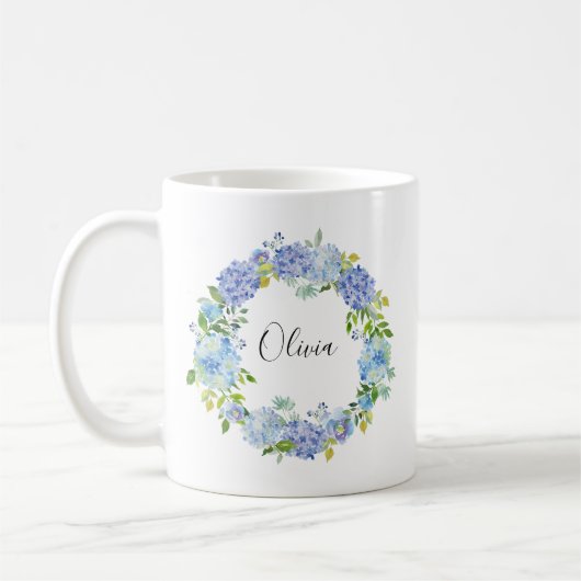 Watercolor Blue Hydrangeas Wreath Personalisierte  Kaffeetasse (Links)