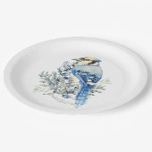 Watercolor Blue Jay Bird Blueberries Country Art Pappteller (Schrägansicht)