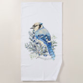 Watercolor Blue Jay Bird Blueberries Country Art Strandtuch (Vorderseite)