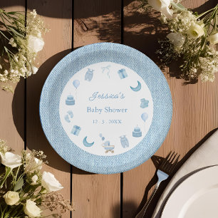 Watercolor Blue Jean Baby Denim Baby Shower Pappteller