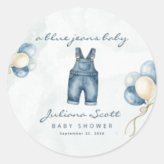 Watercolor Blue Jeans Baby Shower Denim Ballons Runder Aufkleber