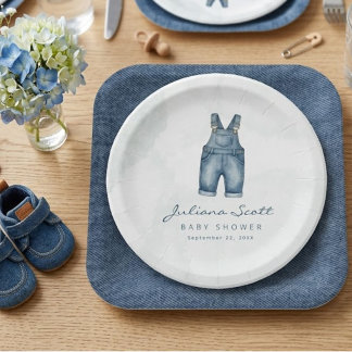 Watercolor Blue Jeans Baby Shower Denim Pappteller
