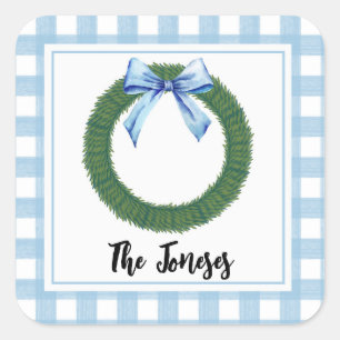 Watercolor Blue Kariert Bow Wreath Geschenkstift Quadratischer Aufkleber