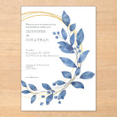 Watercolor Blue Leaves Gold Wedding Invitation Acryleinladungen (Vorderseite)