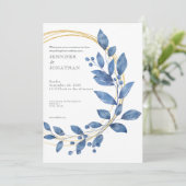 Watercolor Blue Leaves Gold Wedding Invitation Einladung (Stehend Vorderseite)