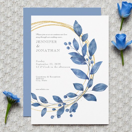 Watercolor Blue Leaves Gold Wedding Invitation Einladung