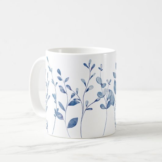 Watercolor Blue Leaves Kaffeetasse (Vorderseite Links)
