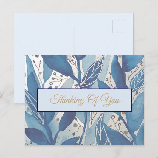 Watercolor blue leaves Thinking of You | Botanical Postkarte (Vorne/Hinten)