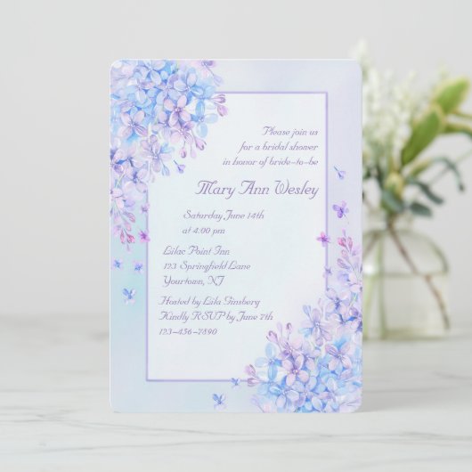 Watercolor Blue Lila Lilac Blume Brautparty Einladung (Stehend Vorderseite)