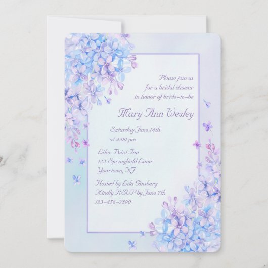 Watercolor Blue Lila Lilac Blume Brautparty Einladung (Vorderseite)