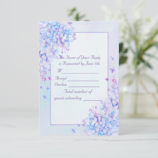 Watercolor Blue Lila Lilac Blume Wedding RSVP Karte (Stehend Vorderseite)