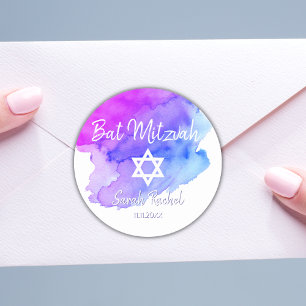 Watercolor Blue Lila Star von David Bat Mitzvah Runder Aufkleber