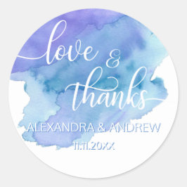 Watercolor Blue Lila Wedding Liebe & Danke Runder Aufkleber