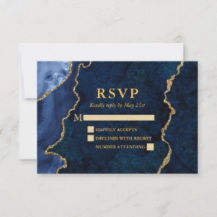 Watercolor Blue Marble Agate Geode Wedding Gold RSVP Karte