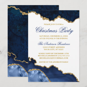 Watercolor Blue Marble Geode Gold Weihnachtsfeiert Einladung