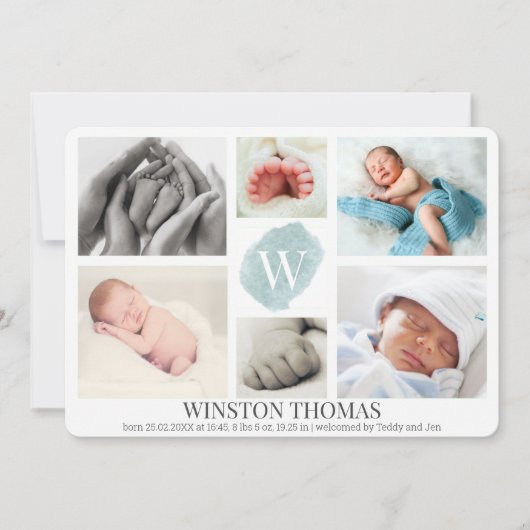 Watercolor Blue Monogram Foto Collage Boy Birth Ankündigung (Vorderseite)