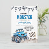 Watercolor Blue Monster Truck Birthday Race Party Einladung (Stehend Vorderseite)