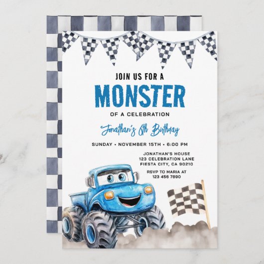 Watercolor Blue Monster Truck Birthday Race Party Einladung (Vorne/Hinten)