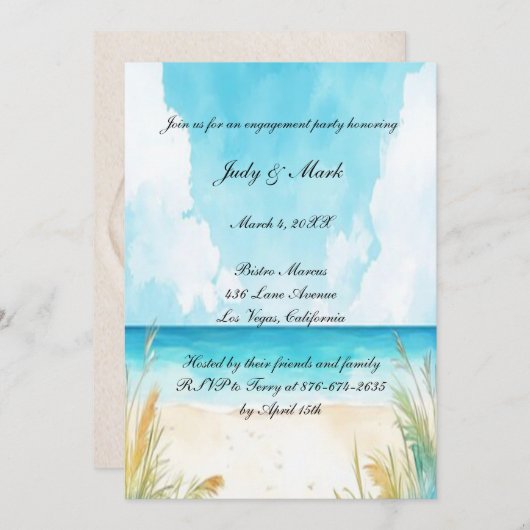 Watercolor Blue Ocean Beach Engagement Party Einladung (Vorne/Hinten)