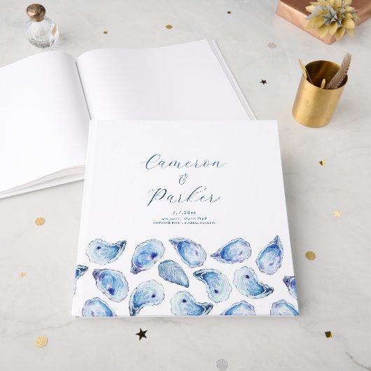 Watercolor Blue Oyster Shell Square Wedding Gästebuch (Vorderseite offen)