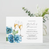 Watercolor Blue Petals & Prosecco Bridal Shower Einladung (Stehend Vorderseite)