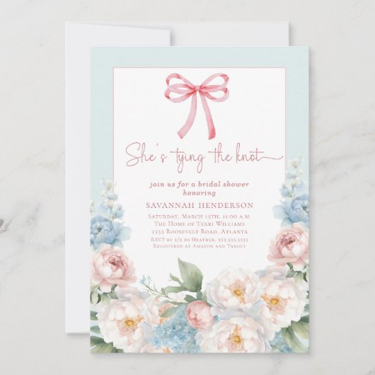 Watercolor Blue Pink Floral Bow Bridal Shower Einladung (Vorderseite)