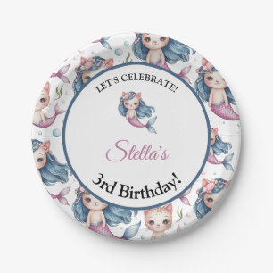 Watercolor Blue Pink Mermaid Cat Girl Birthday Pappteller