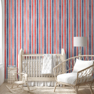 Watercolor Blue Red White Stripes, USA Style Tapete