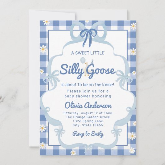 watercolor blue Silly Goose Gingham Ribbon girl Einladung (Vorderseite)
