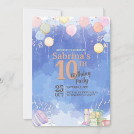 Watercolor Blue Sky Balloon Birthday Invitation Einladung