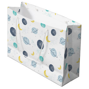 Watercolor Blue Space Planet Pattern Große Geschenktüte