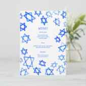 Watercolor Blue Star von David Bar Bat Mitzvah Menükarte (Stehend Vorderseite)