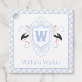 Watercolor Blue Stork Gingham Monogram Crest Geschenkanhänger