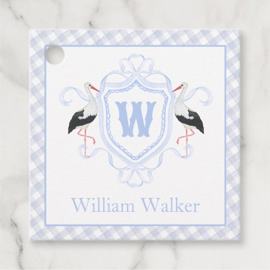 Watercolor Blue Stork Gingham Monogram Crest Geschenkanhänger (Vorderseite)