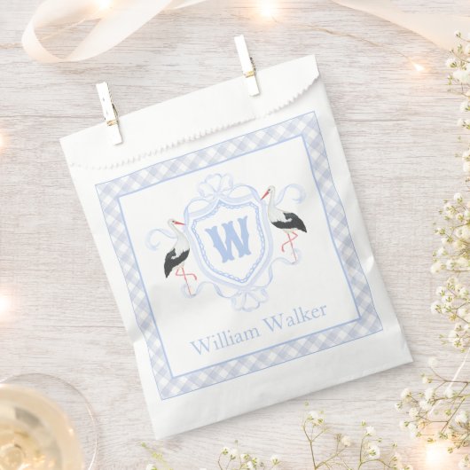 Watercolor Blue Stork Gingham Monogram Crest Geschenktütchen (Ausgeschnitten)